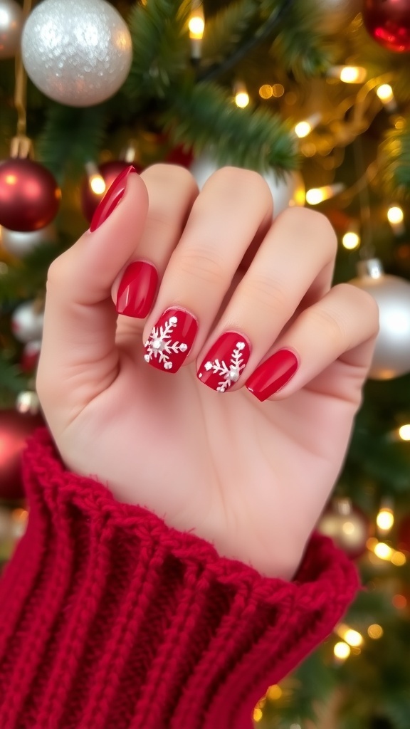 Elegant Christmas pearl nail art on red nails with snowflake designs, set against a festive background.
